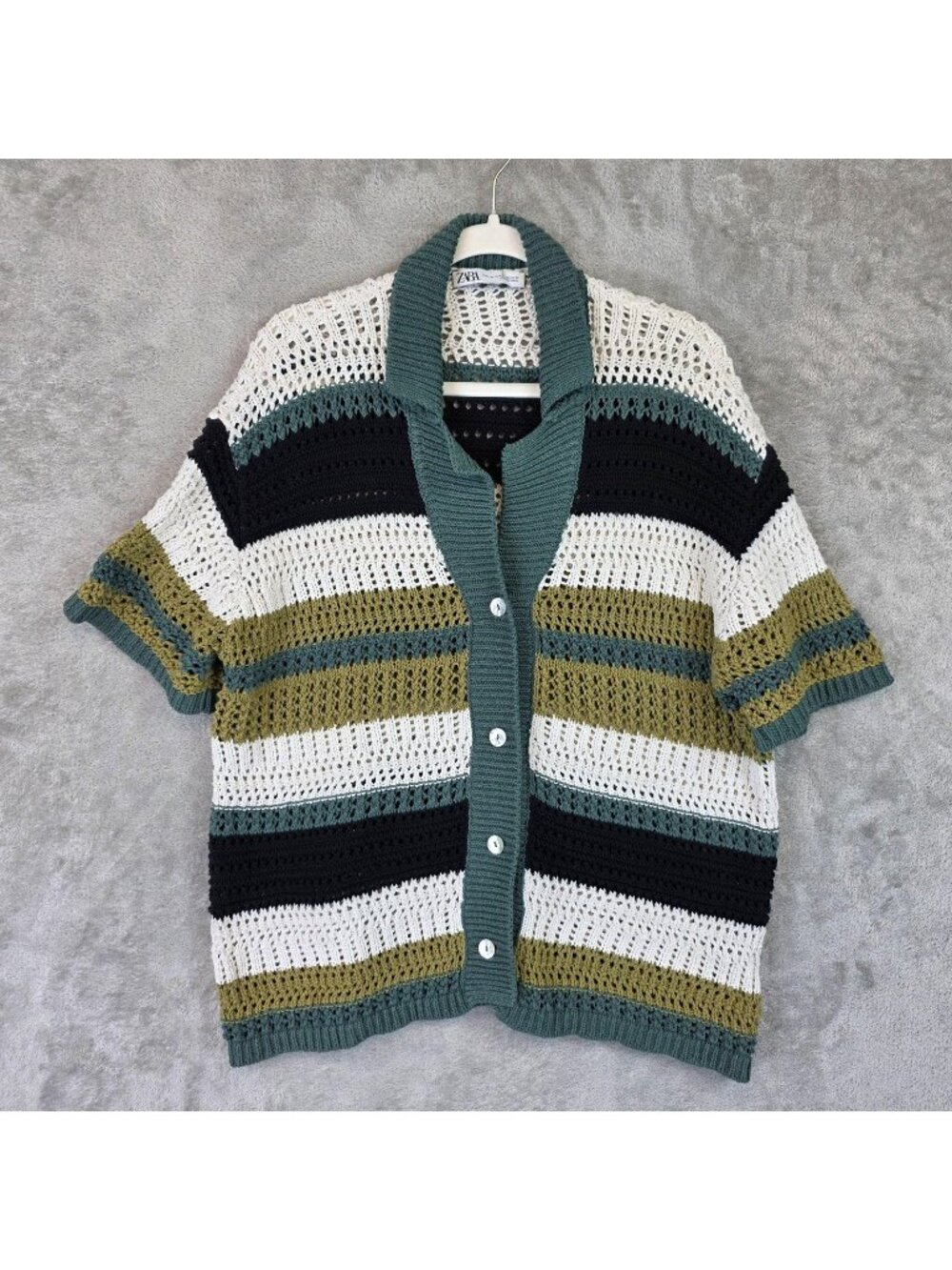 Zara Cardigan Sweater Womens L-XL Multicolor Stripe Open Knit Crochet Buttons